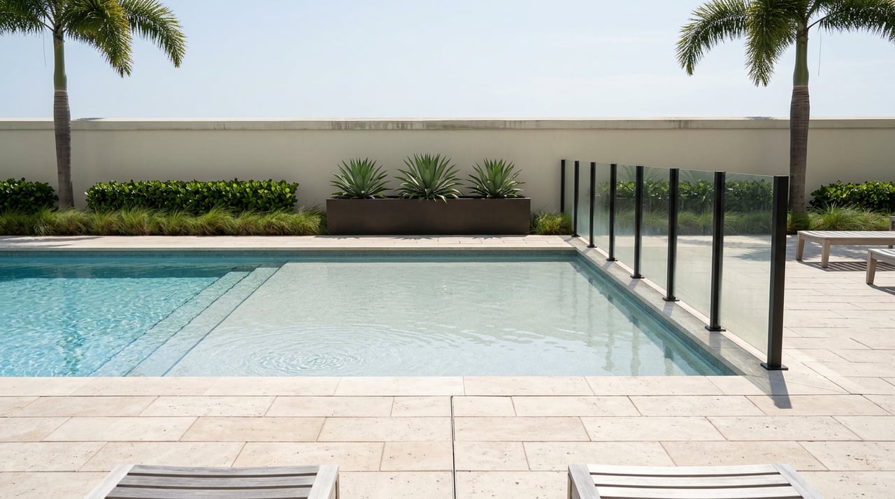 Podium pool with sunlit ripples, travertine pavers, a glass railing, palms, and agaves beside a stucco parapet.