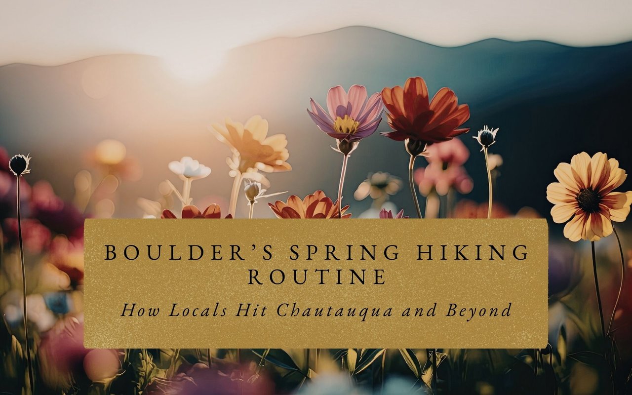Hikers starting at Chautauqua Meadow Trail in Boulder, CO, with Flatirons backdrop and spring wildflowers during local weekly routine.