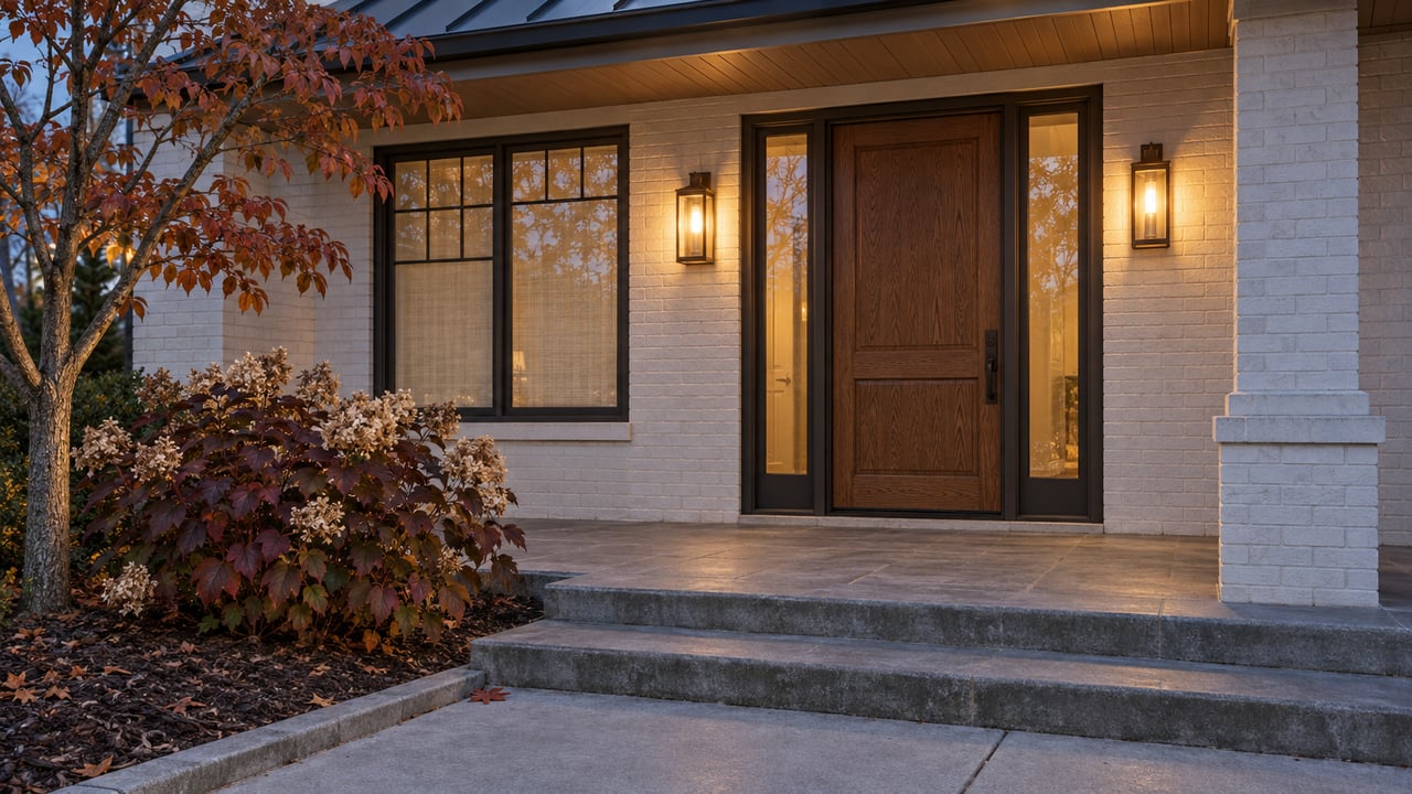 Warmly lit oak front door and white brick porch at blue hour, with gray stone steps and autumn dogwood foliage.