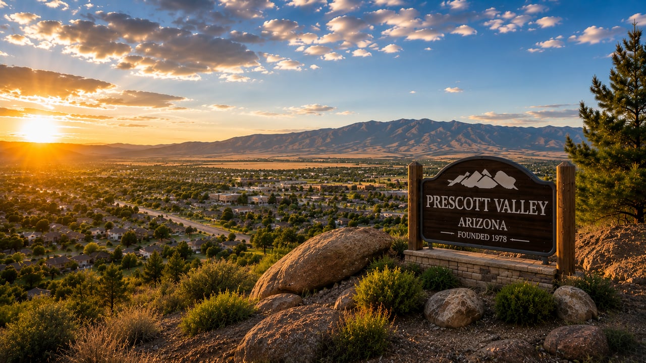 Scenic view of Prescott Valley with the town sign, neighborhoods, mountains, and Arizona landscape at sunset.