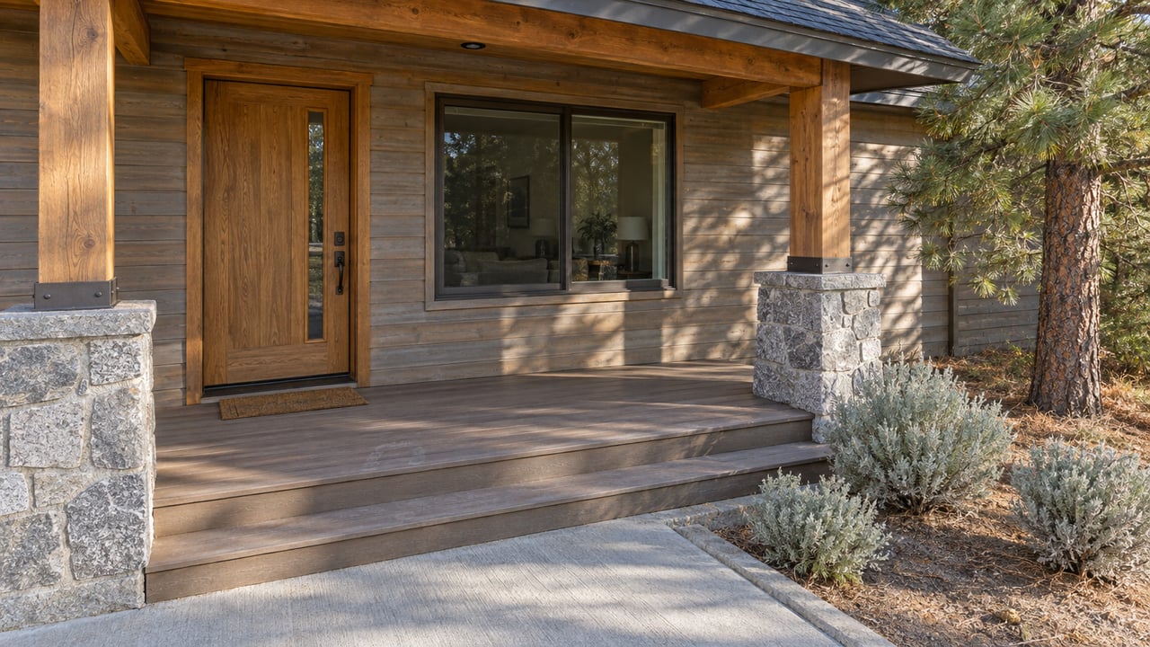 Morning light across a cedar-sided home's covered porch, with granite post bases, broad entry steps and silver-leaved shrubs.