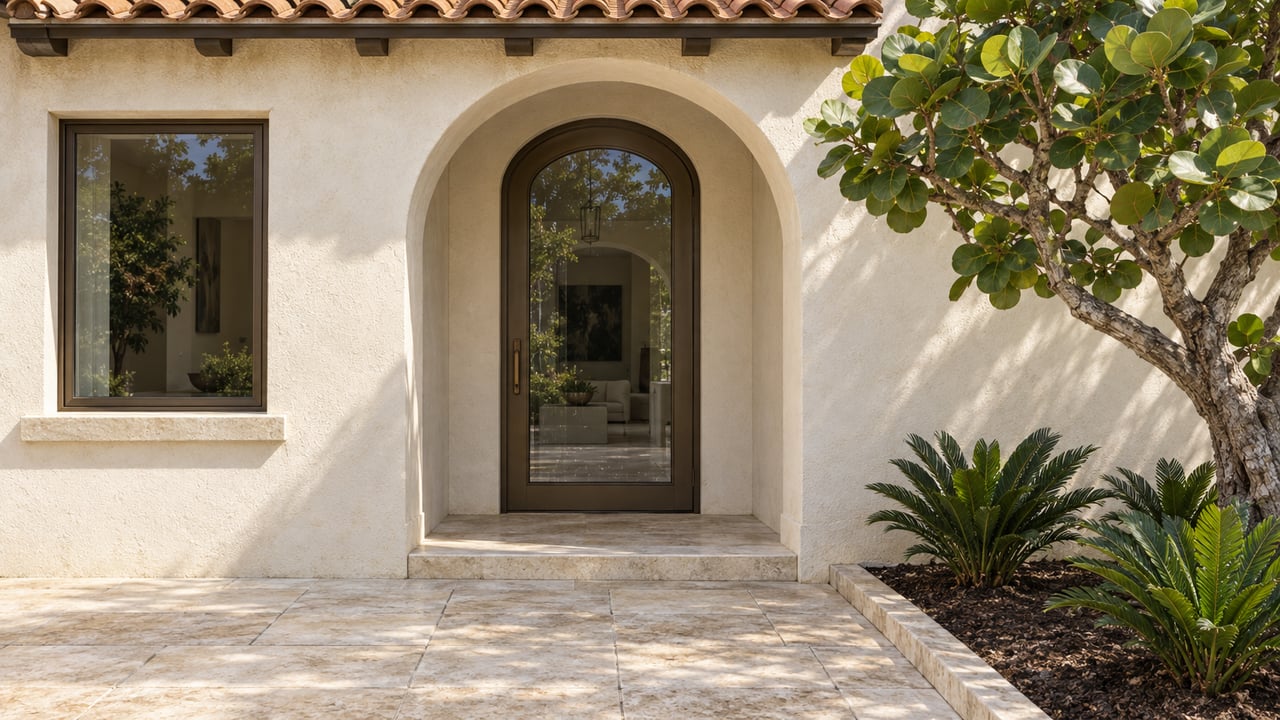 Sunlit ivory stucco entrance with terracotta roof tiles, a bronze-framed glass door, limestone approach and sculptural sea grape tree.