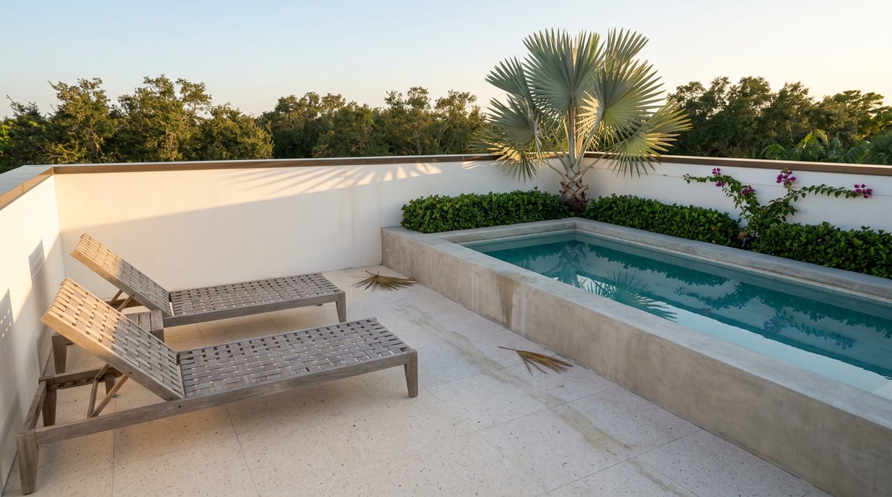 Rooftop terrace with turquoise plunge pool, silver-blue palm, teak loungers, and magenta bougainvillea.