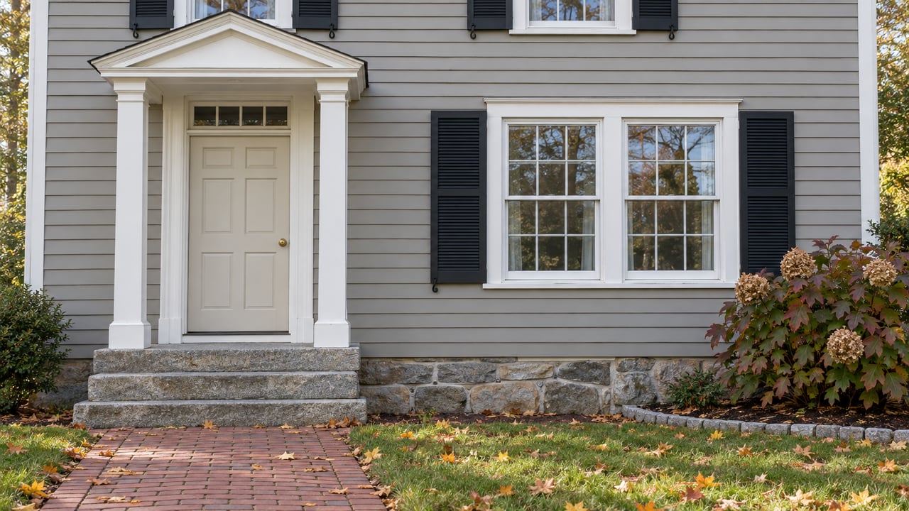 Gray clapboard home with white-trimmed sash windows, an ivory door, worn granite steps, and a brick walk bordered by autumn lawn.