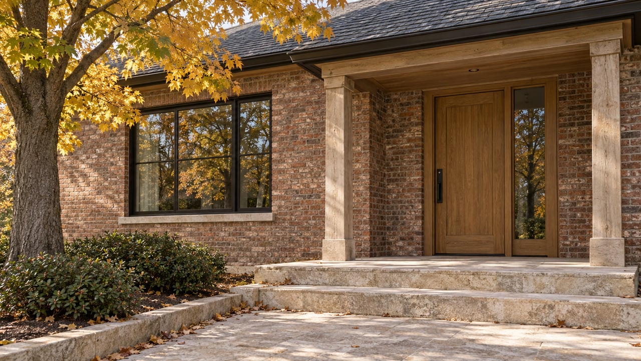 Brick home entry with an oak door, limestone steps, and golden maple leaves overhead.