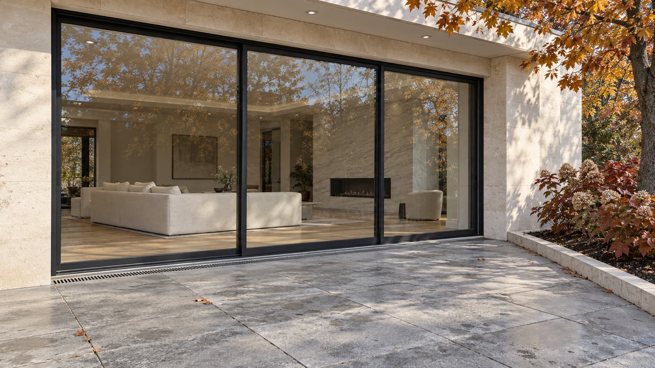Limestone rear terrace beside black-framed glass doors, with an enclosed oak-floored living room and autumn planting.
