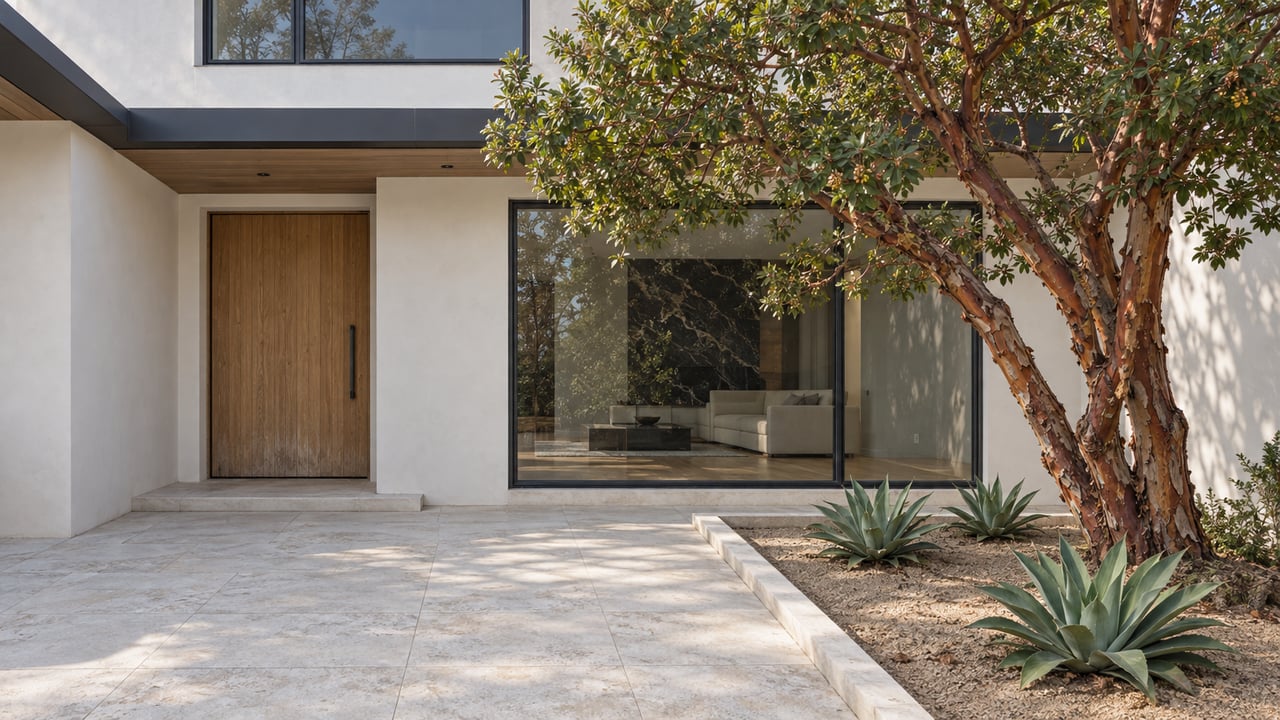 Contemporary home with warm-white stucco, an oak entry door, dark-framed glazing and a limestone approach beside a strawberry tree and three foxtail agaves.
