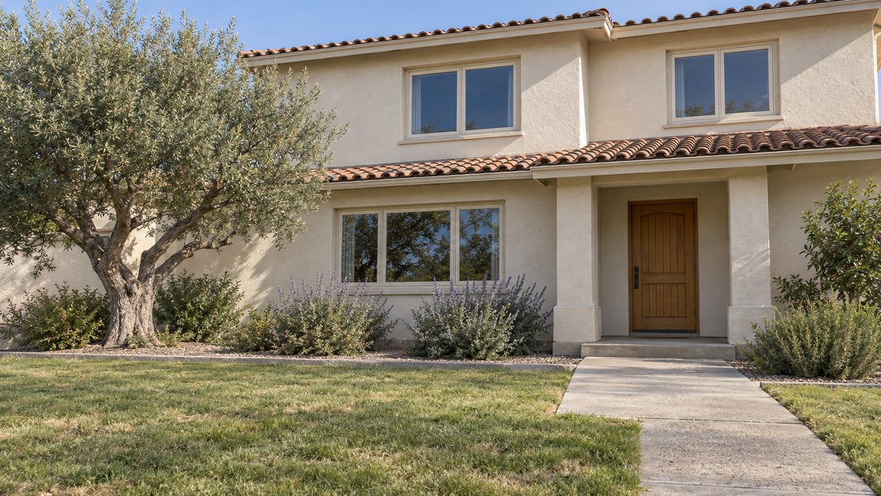 Warm ivory stucco home with a tiled roof, recessed wooden front door, deep lawn and sculptural olive tree in clear morning light.