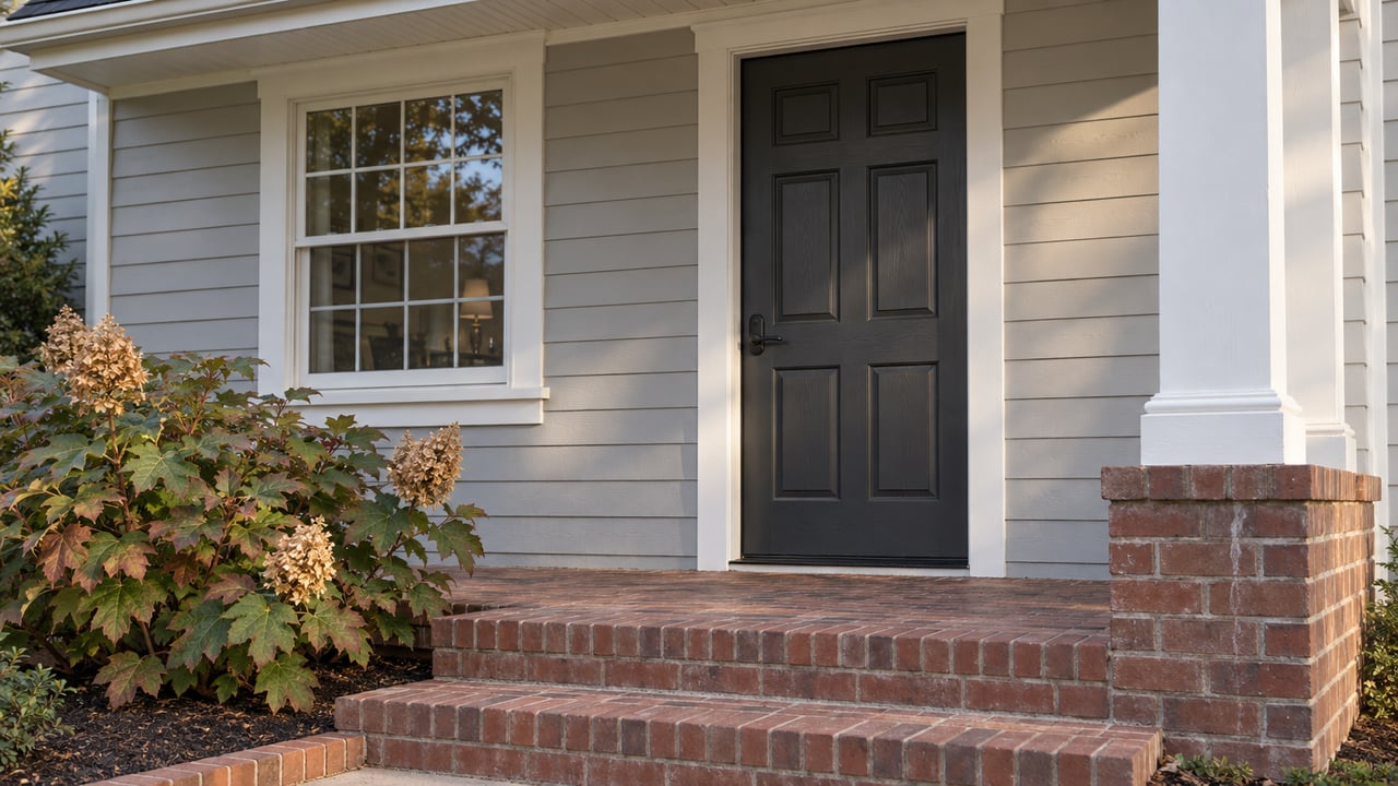Close view of a gray clapboard home's covered entrance, charcoal door, white-trimmed window and weathered brick steps beside an oakleaf hydrangea.