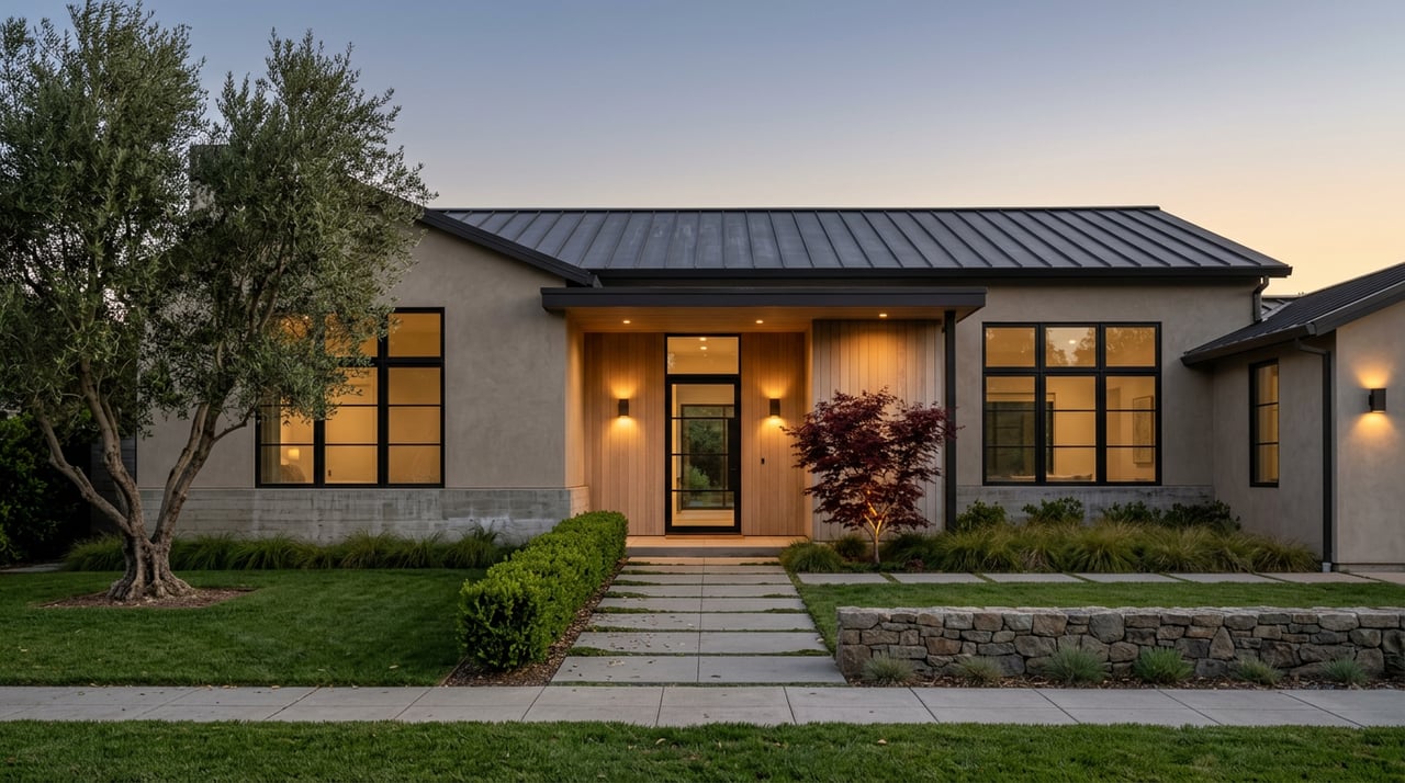 Modern home glows beneath a blue-hour sky, with an olive tree, red maple, and paver walkway.