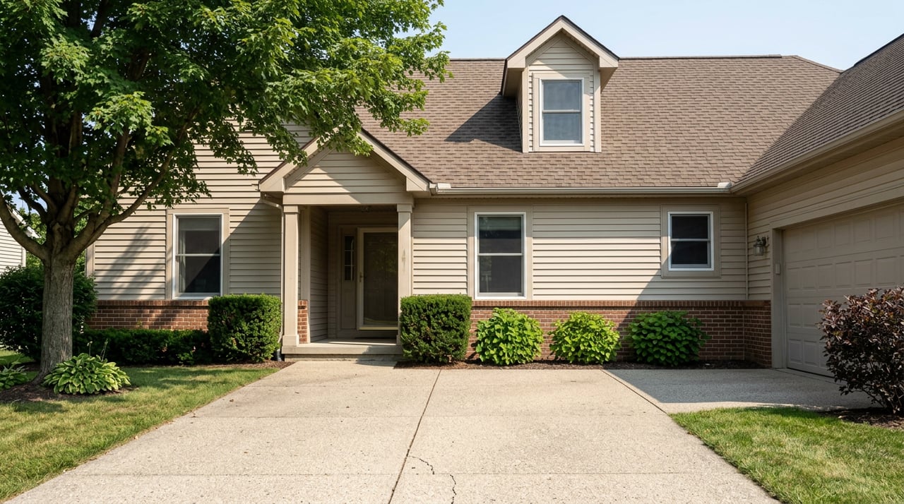 Suburban home with beige siding, brick lower walls, a covered entry, and a broad driveway beneath a mature tree.