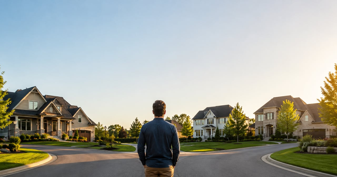 Homebuyer standing at a neighborhood intersection while considering several different homes.
