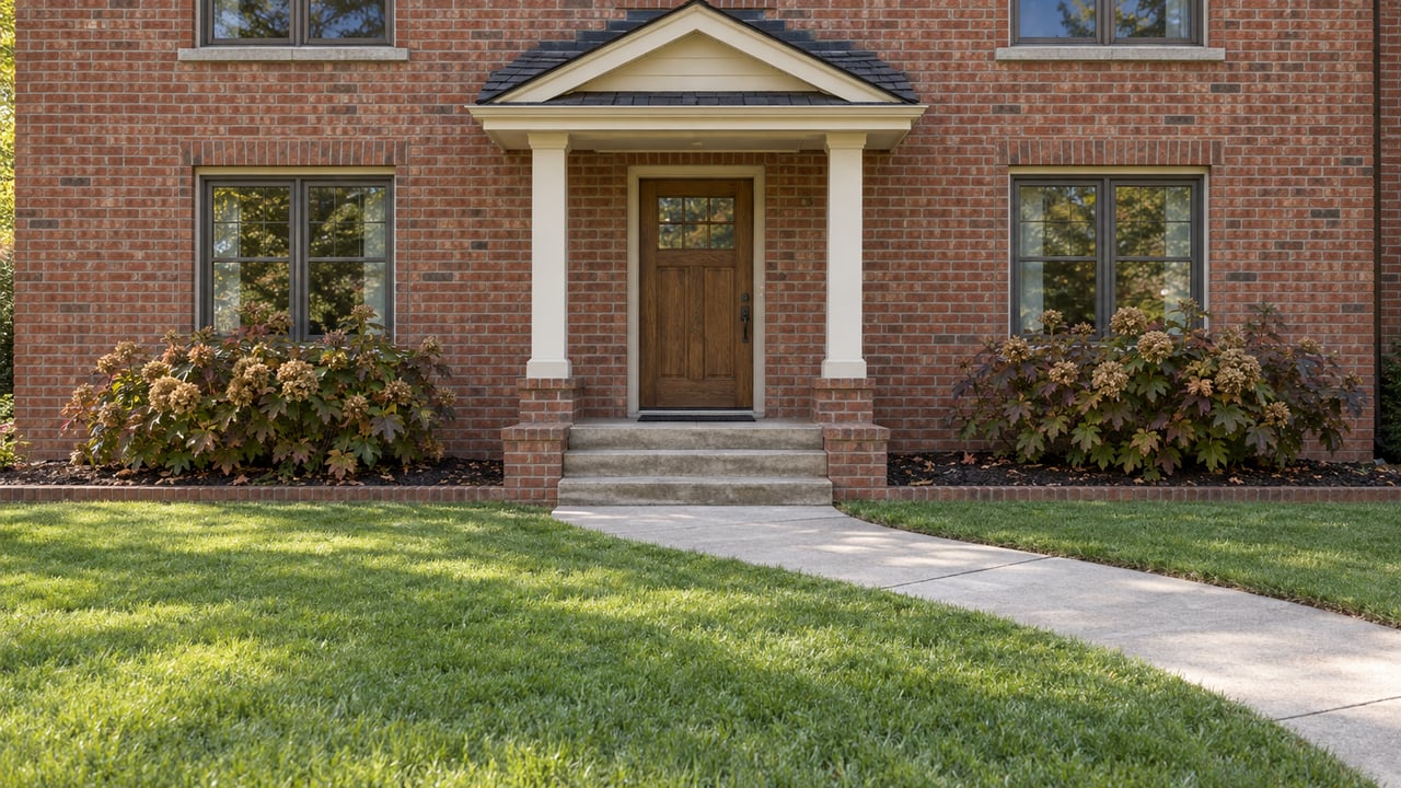 Red brick home with a covered entry, cream trim, oak front door and concrete approach crossing a broad lawn.