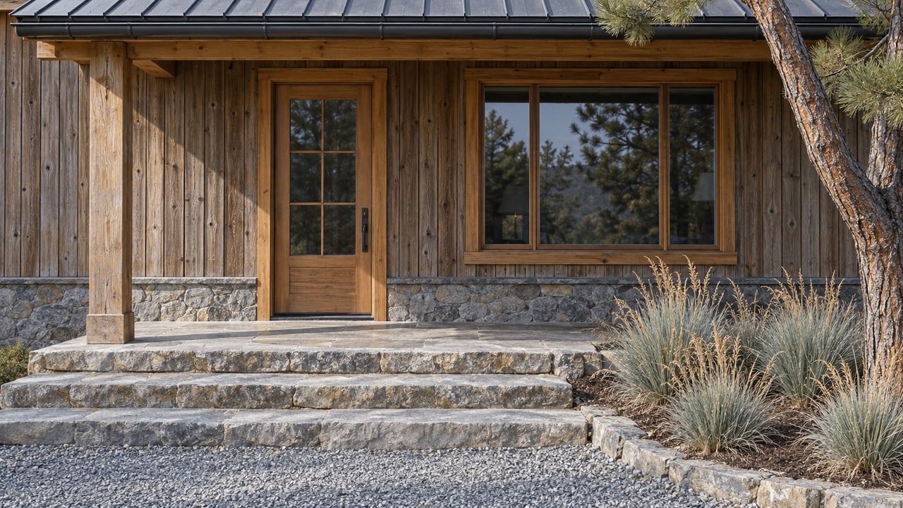 Weathered cedar entry with wood-framed glazing, quartzite steps, and a gravel approach in soft autumn daylight.