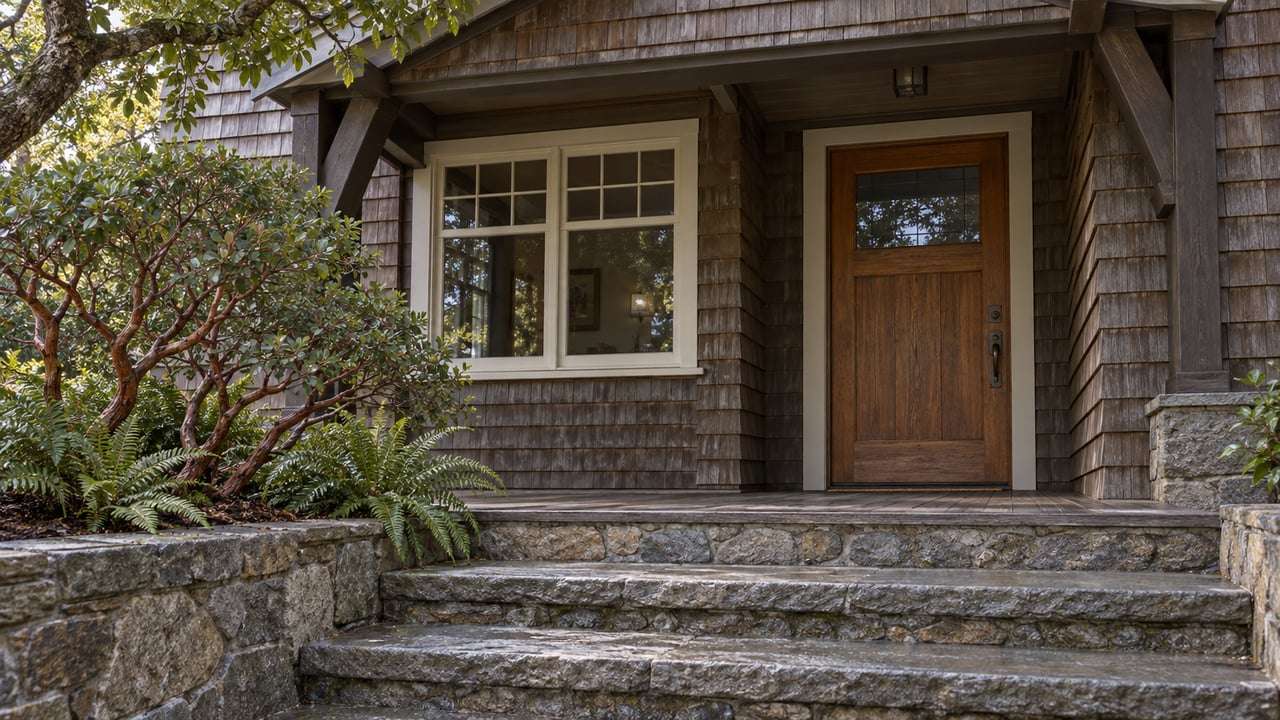 Weathered shingle house entry with a fir door, sandstone steps and a sculptural manzanita beside the porch.