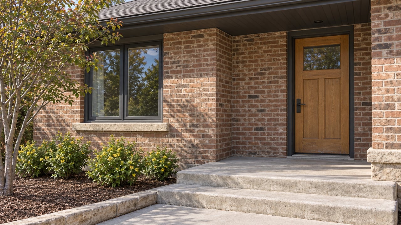 Sunlit russet-brick bungalow entry with an oak door, limestone trim, worn concrete steps and carefully placed shrubs.