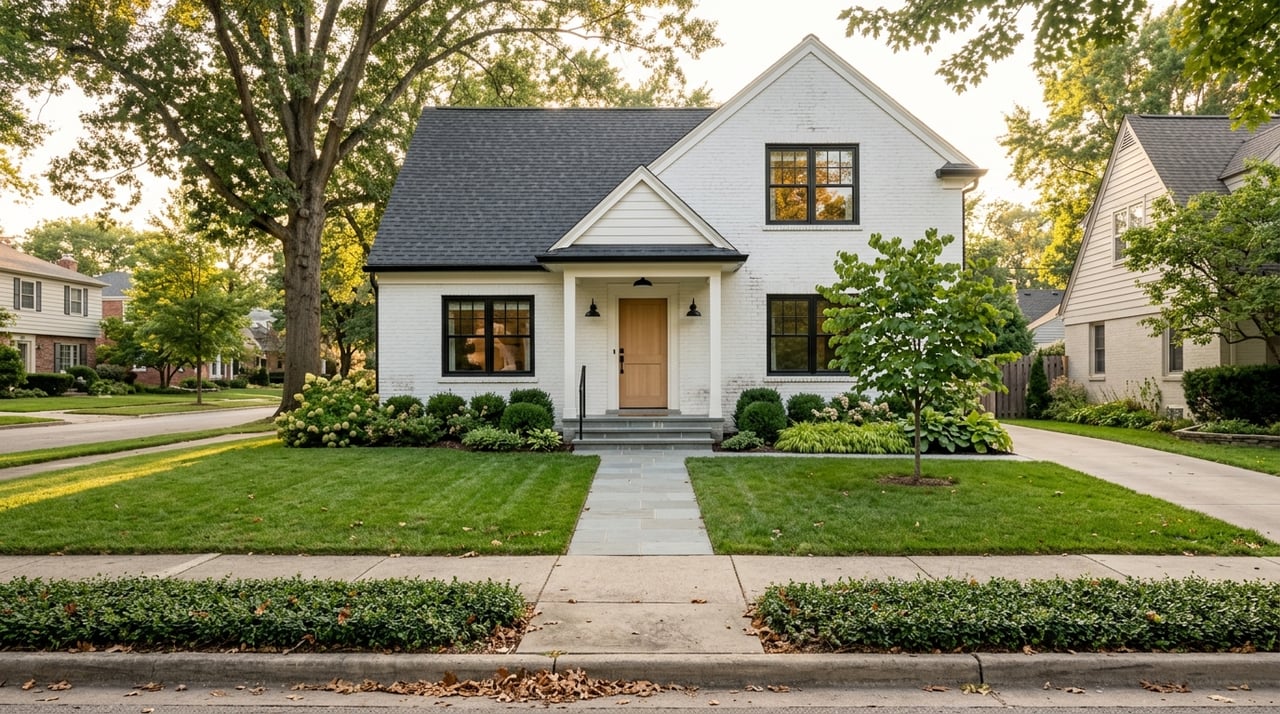 Renovated two-story white brick house beneath a mature deciduous tree canopy.