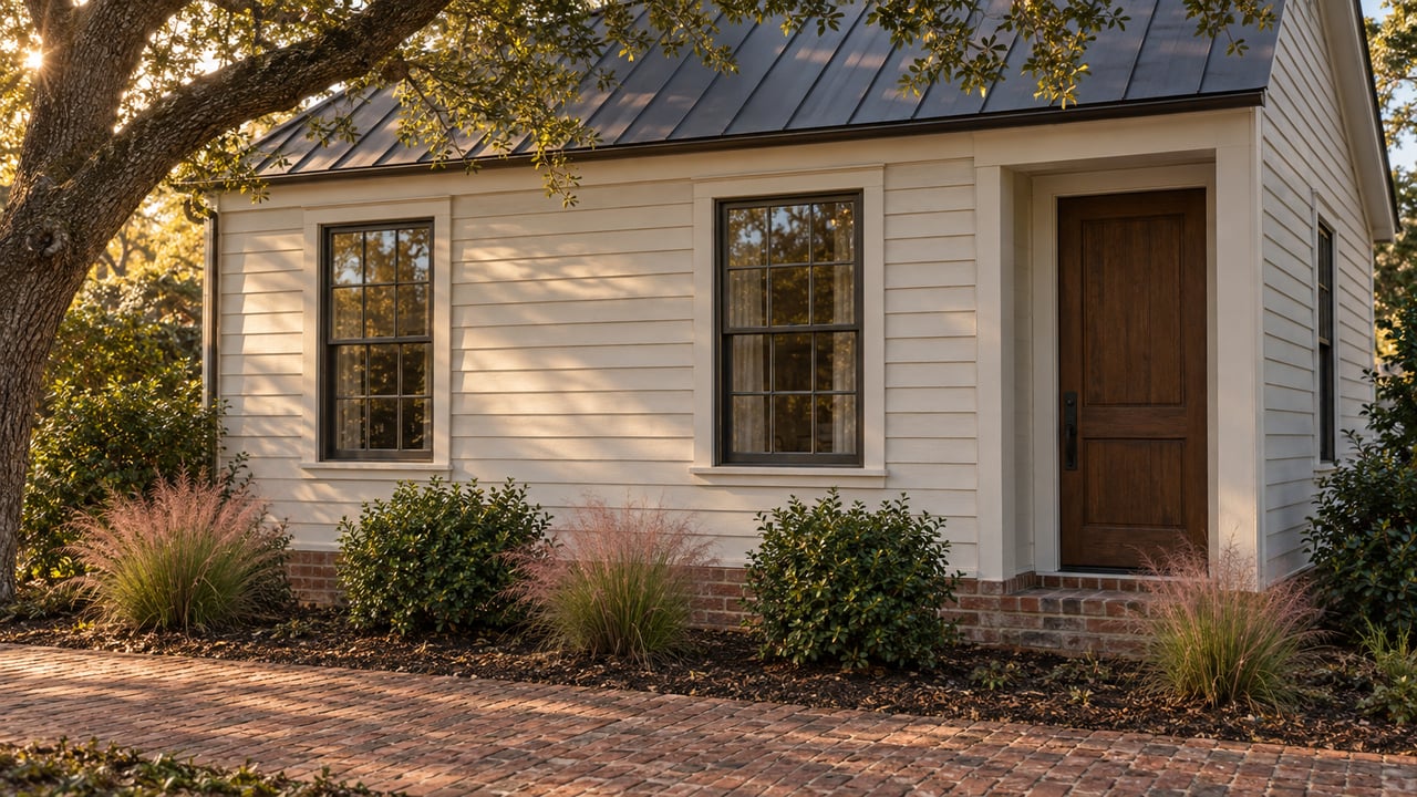 Compact ivory clapboard house with a cypress door, dark-framed windows, brick walk, and oak limb.
