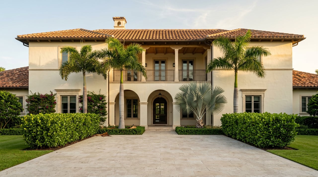 Cream stucco estate with terracotta roof, arched entry loggia, royal palms, and a broad travertine motor court.