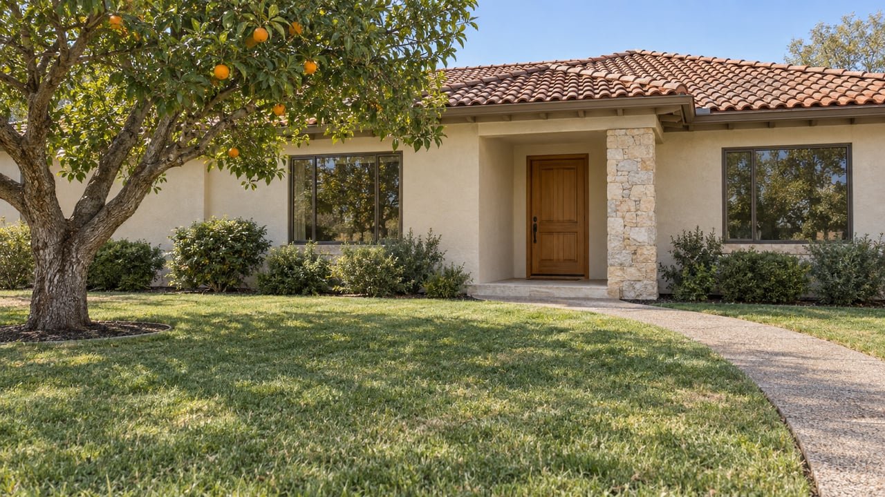 Low single-story stucco home with clay tile roof, limestone entry, broad lawn and a mature orange tree in clear midday light.