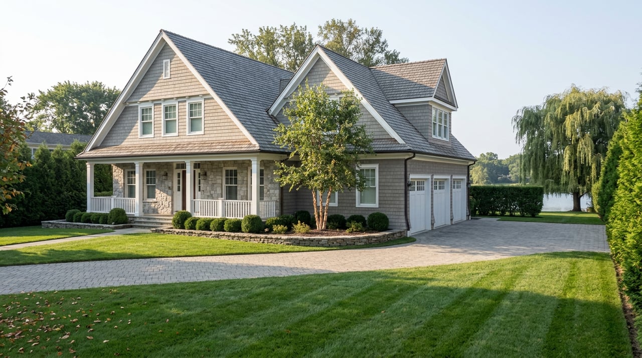 Shake-sided waterfront house with a three-bay garage, deep lawn, and a glimpse of water beyond the trees.