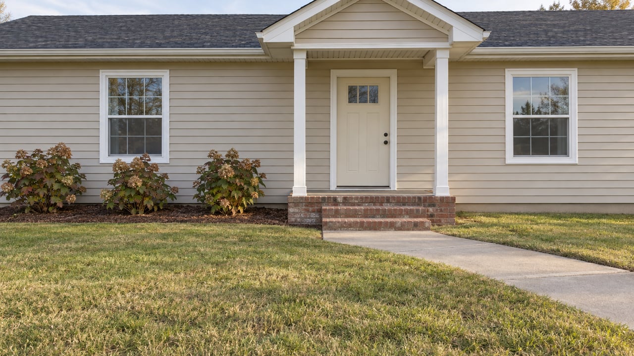 Tan single-story home with white-trimmed windows and a brick entry beyond a deep autumn lawn.