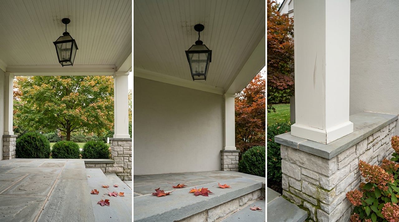 Low-angle porch column beneath hanging lantern, with stone pier, bluestone step, and fallen maple leaves.