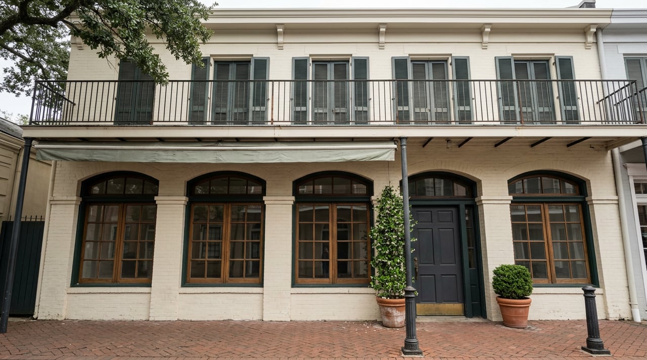 Ivory rowhouse storefront with green arched windows, a cast-iron gallery, and potted jasmine and boxwood.