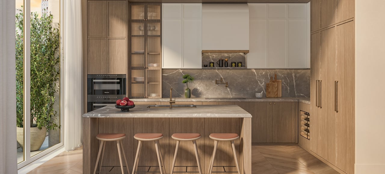 Contemporary kitchen with walnut cabinetry, marble backsplash, and an island with four stools.