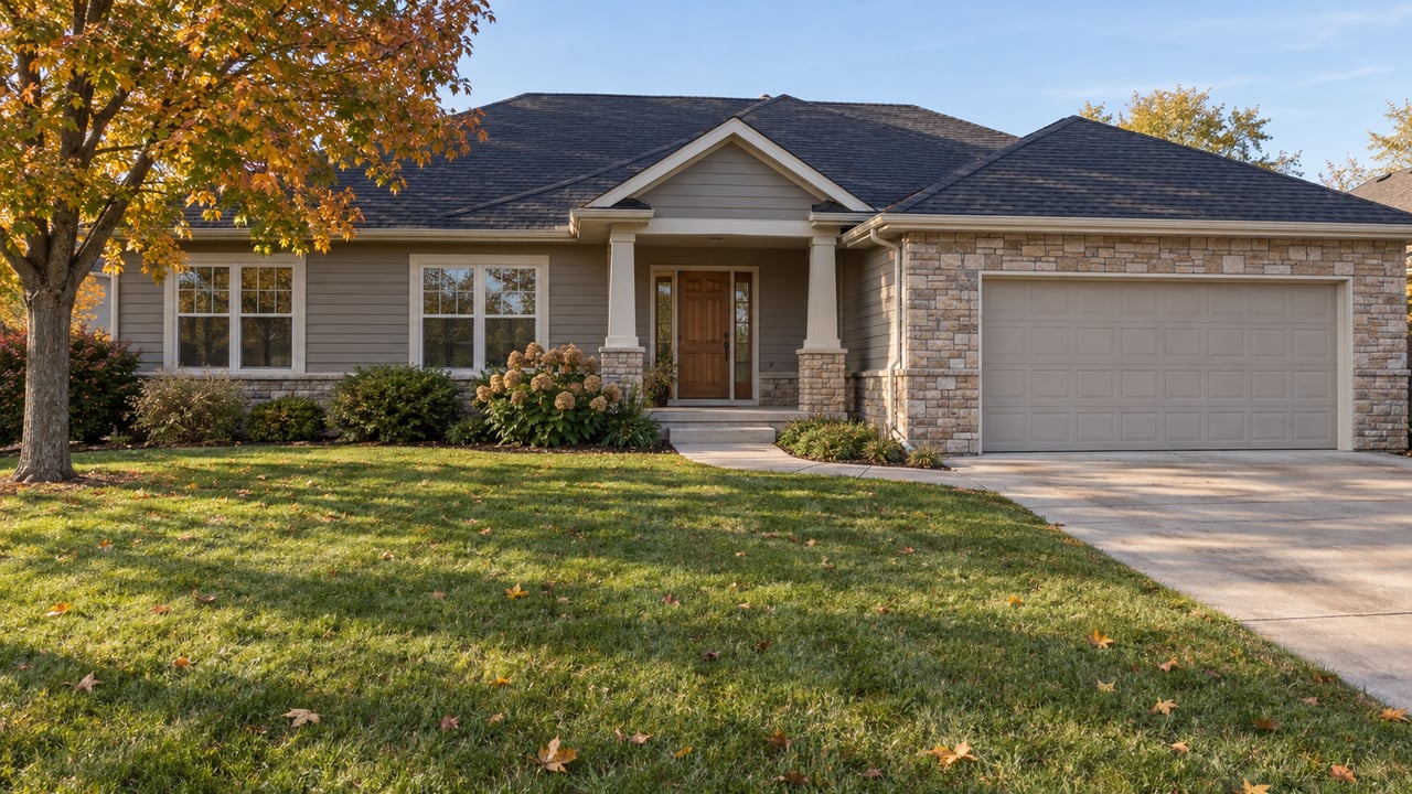 A gray single-story home with stone garage accents, a broad autumn lawn and an amber sugar maple in afternoon light.