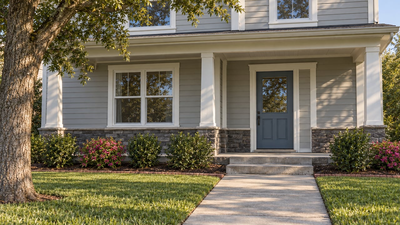 A gray two-story home's covered porch and blue front door beyond a green lawn, with a spreading live oak and neatly edged planting beds.