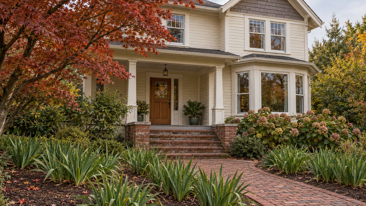 An ivory wood house with a covered porch, brick garden approach, and copper-red Japanese maple in soft autumn light.