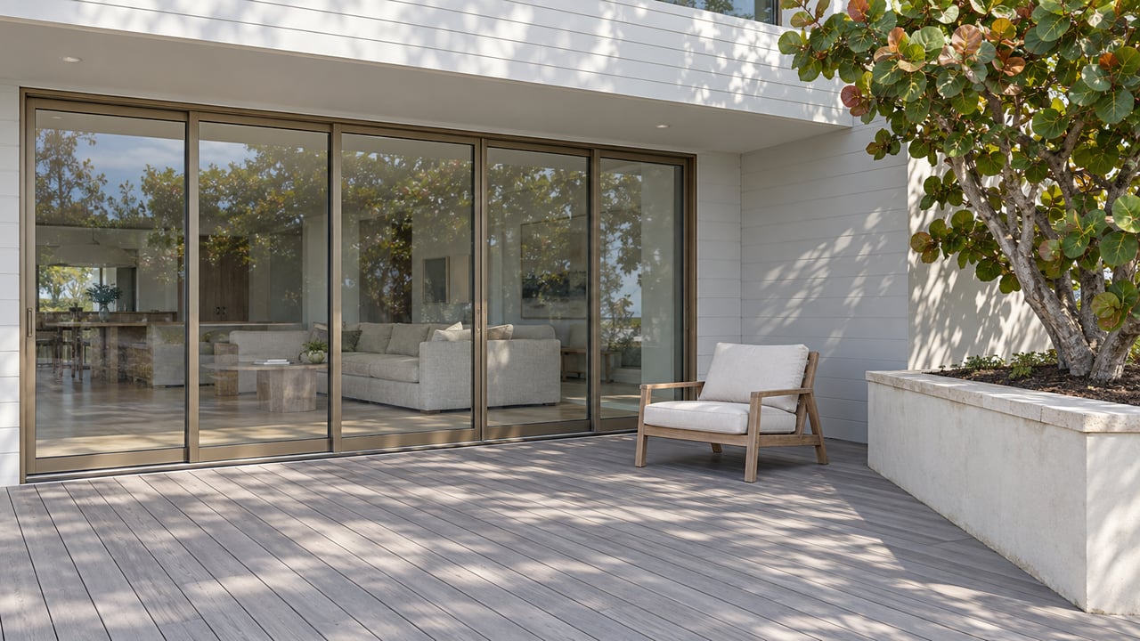 Morning light on a waterfront home's pale terrace, bronze-framed sliding glass doors, teak lounge chair and sea grape tree in a raised masonry bed.