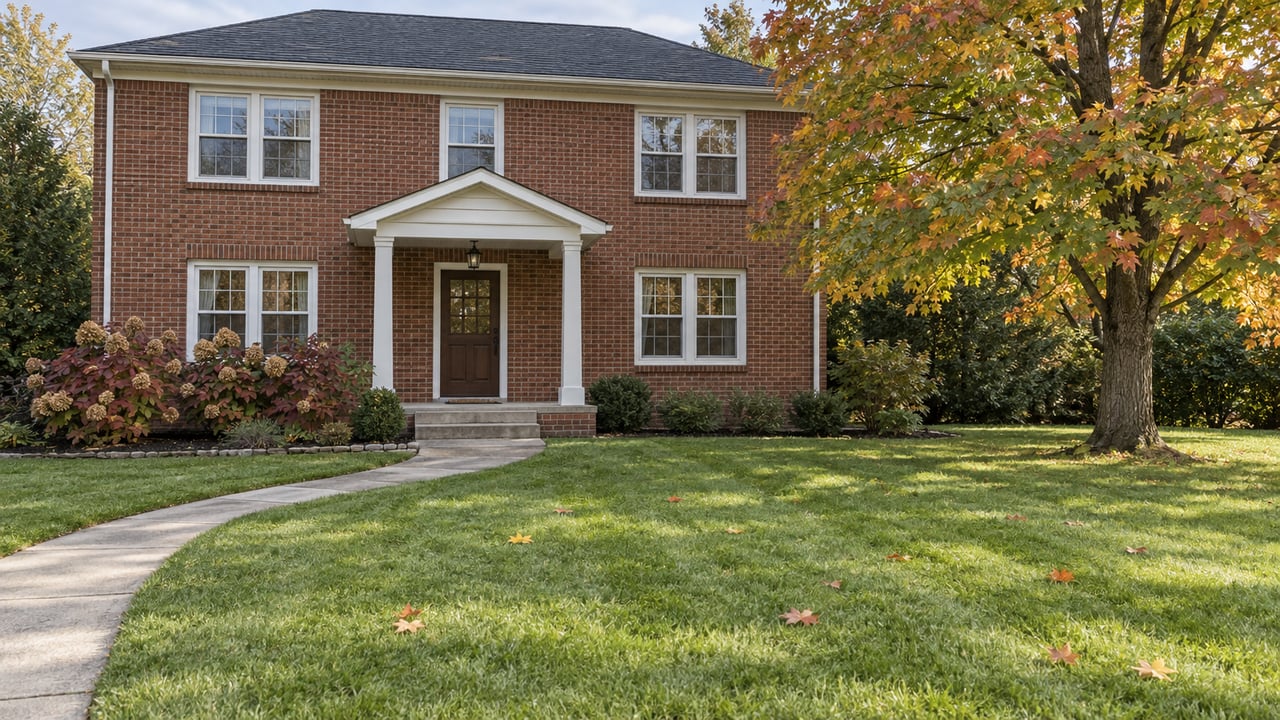 Two-story brick home with a deep lawn, curved concrete walk and an autumn-colored sugar maple beside its covered entry.