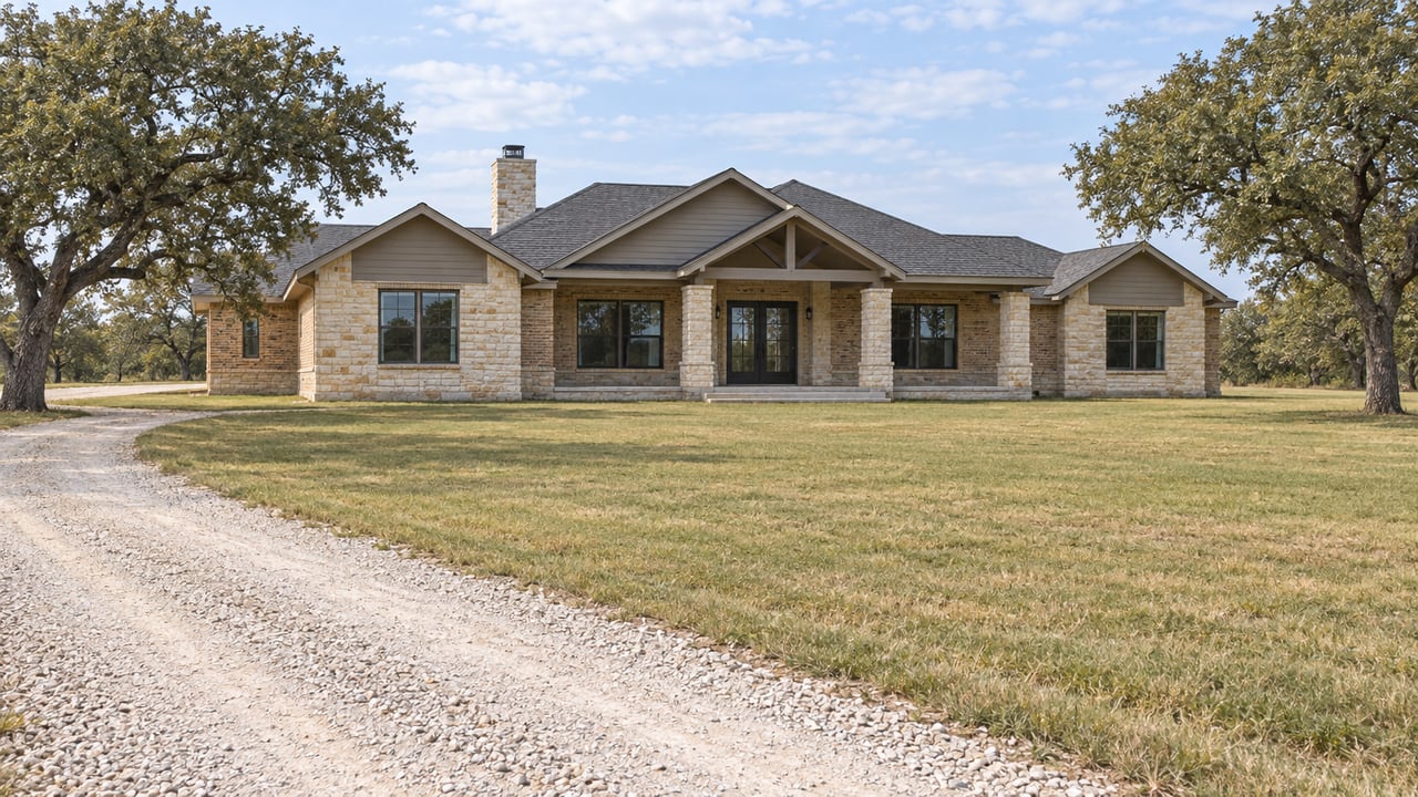A limestone and buff-brick home with layered gables and a deep porch beyond a broad lawn and pale gravel drive, framed by two mature post oaks.