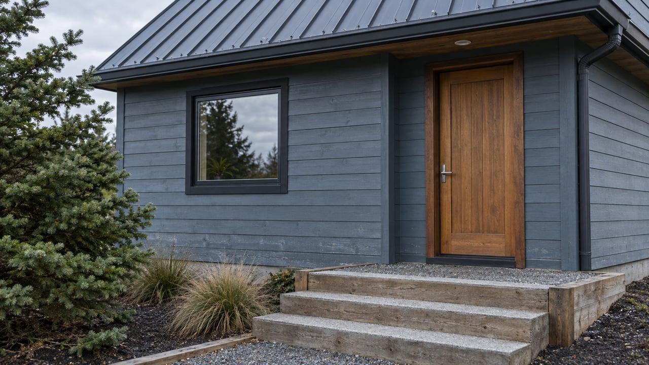 Blue-gray sided home with a charcoal roof, larch entry door, square window, and shallow steps.