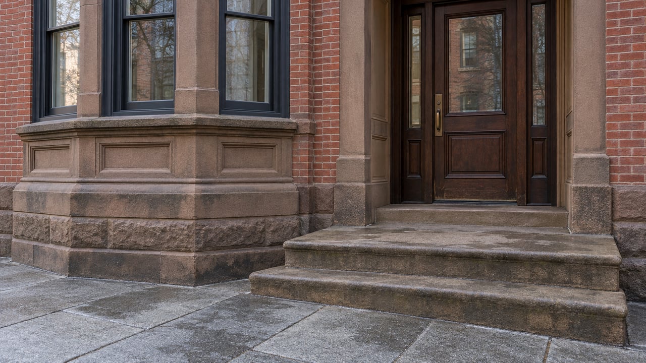 Rain-darkened granite sidewalk below a sandstone stoop, an oak entrance door, and tall bay windows in a red-brick residence.