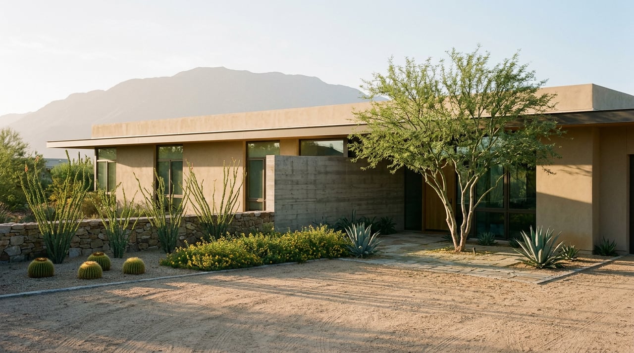 Single-story desert home beyond a broad granite drive, with a palo verde, ocotillo, barrel cacti, and distant mountains.