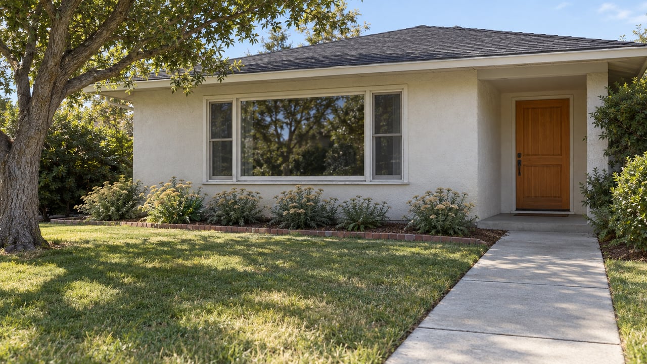 A modest single-story stucco home with a broad picture window, shaded front lawn, oak tree and concrete entry walk.