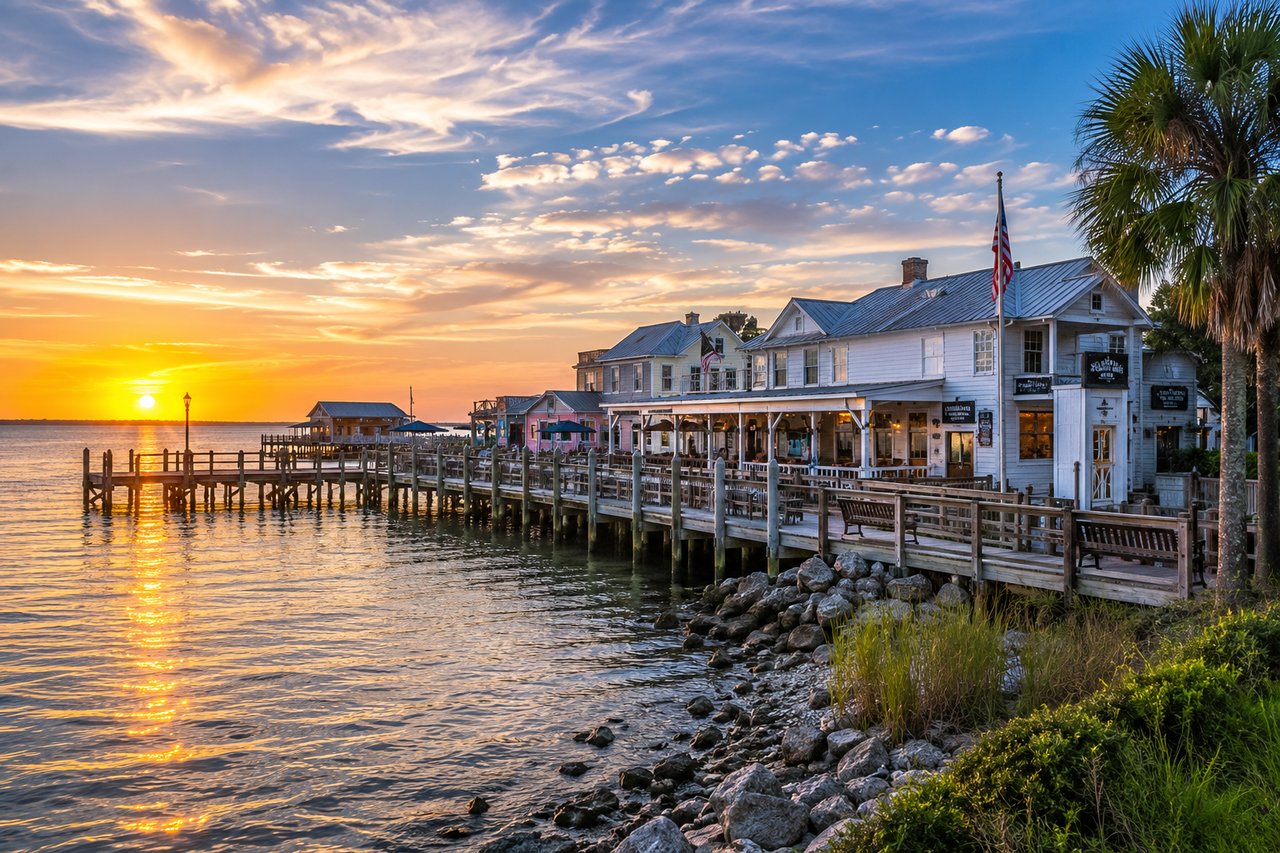 Historic waterfront in Cedar Key, Florida, featuring coastal buildings, wooden docks, calm Gulf waters, and a colorful sunset sky