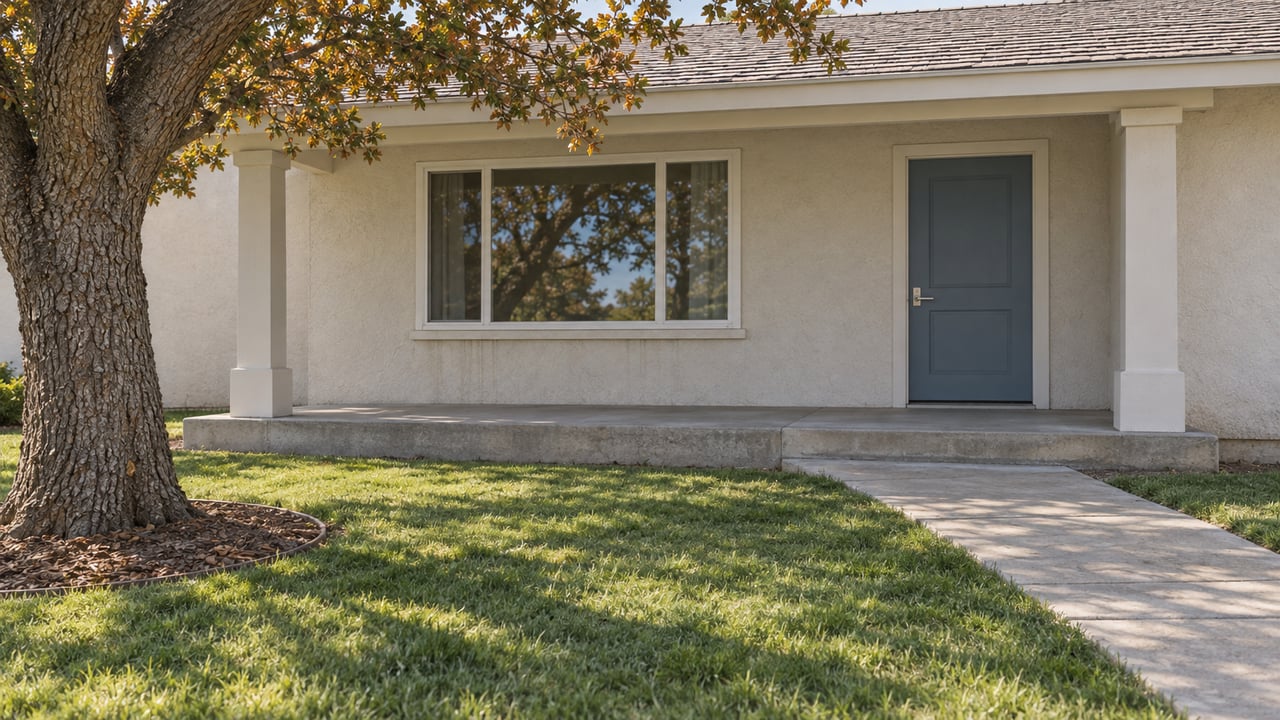 A sunlit ranch home's covered front porch, concrete walk and green lawn beneath a mature oak.