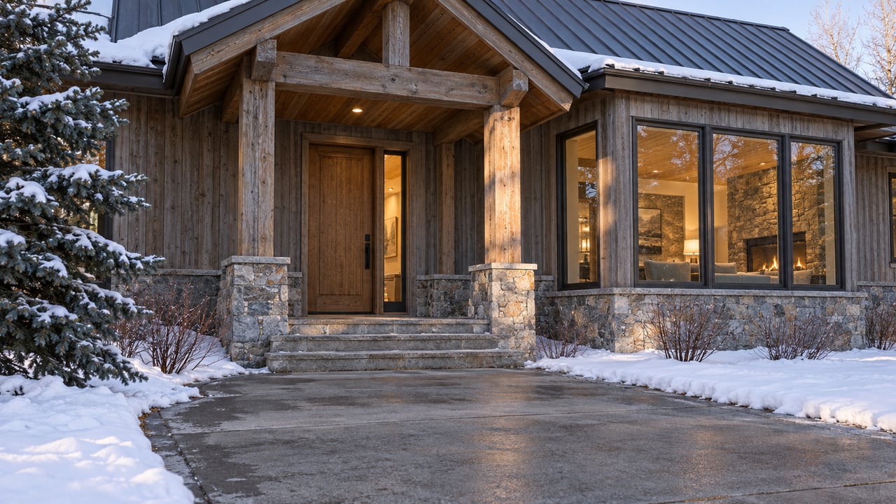 Snow borders a cleared approach to a timber-and-stone home with a covered entry and warmly lit windows.
