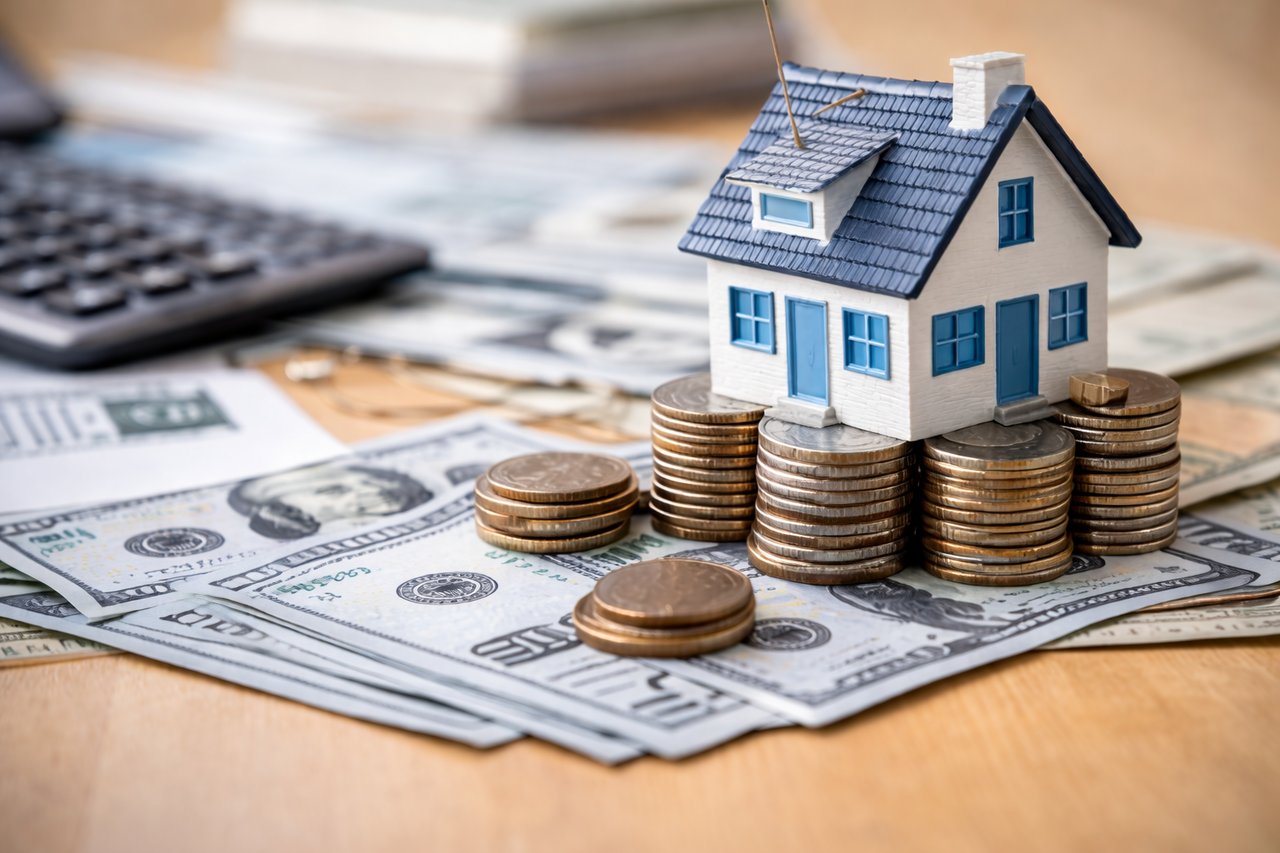 Small house model sitting on stacked coins and dollar bills representing mortgage rates and housing affordability
