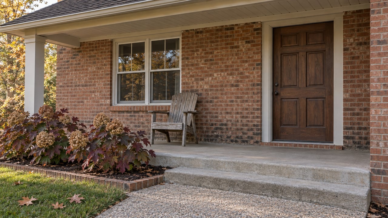 Autumn morning light across a brick home's covered porch, wooden front door, and oakleaf hydrangeas.