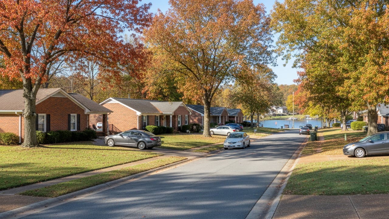 Tree-lined street of brick homes with autumn foliage and water at the end of the road.