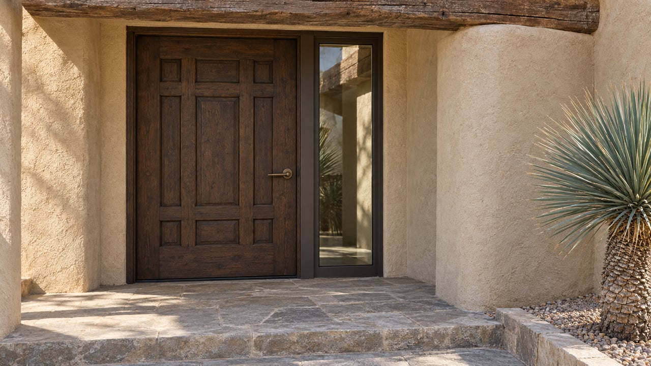 Carved timber entry door and glazed sidelight beneath a weathered beam, framed by rounded sand-colored stucco and a stone landing.