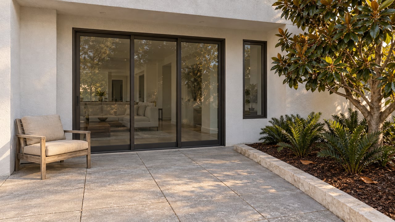 Evening light on a white-stucco home's glazed terrace, with pale pavers, a teak lounge chair and a magnolia in an edged planting bed.