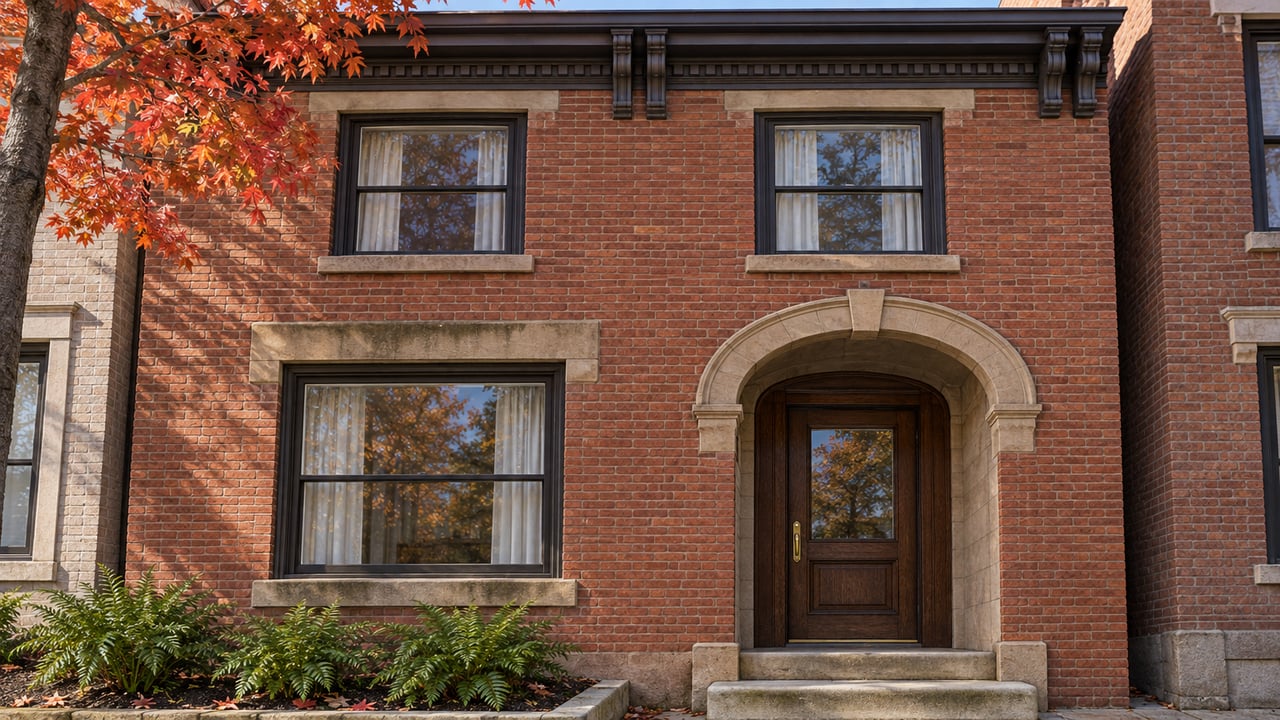 Red-brick attached home with carved stone lintels, a recessed oak entrance, worn limestone steps and red-orange maple leaves.
