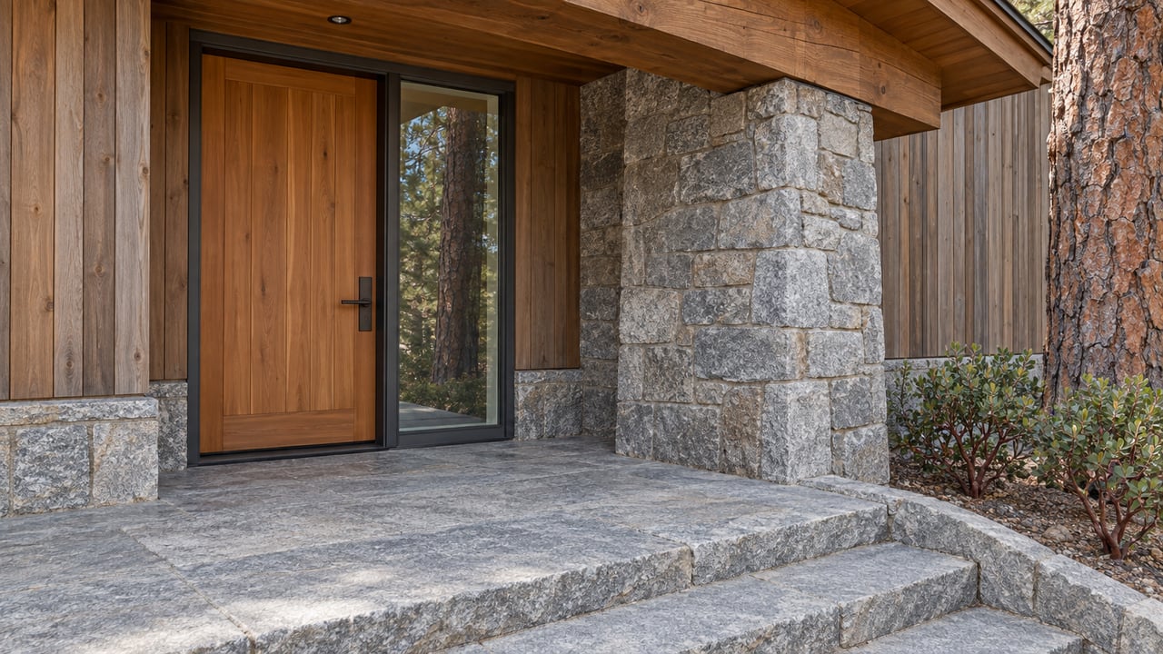 Close view of a sheltered cedar entrance with a timber overhang, granite pier and stone steps beside a pine trunk and two manzanita shrubs.