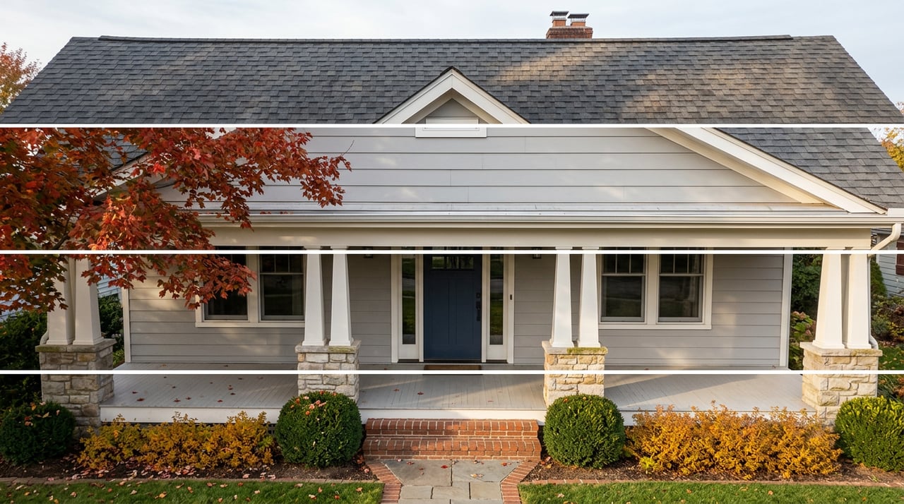 Craftsman home viewed from above, with a navy front door, stone porch piers, brick walkway, and scattered maple leaves.